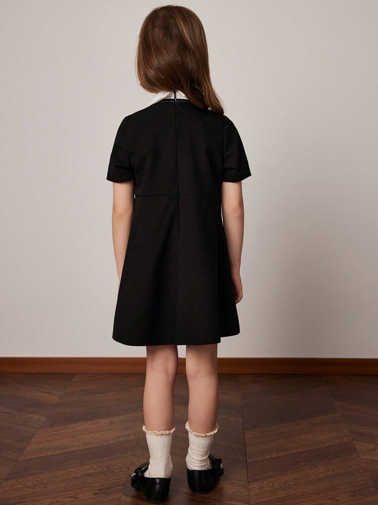 PrepCrw Young Girls College Style Black & White Contrast Color Collar Ruffle Hem Woven Dress, Spring/Summer - Black and White - View 2