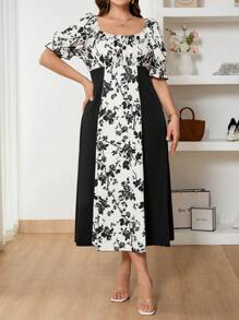 SHEIN Frenchy Plus Size Boho Elegant Romantic Minimalist Black & White Floral Print Color Block Modest Midi Dress, Suitable For Valentine's Day, Vacation, Women Midi Dress, For Summer