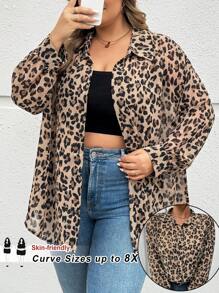 SHEIN CURVE+ Áo cánh thường ngày họa tiết da báo dài tay cài nút phía trước cỡ lớn - Nhiều màu - Xem 10