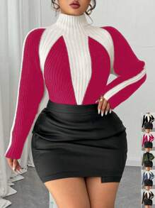 Celure Suéter ajustado de manga larga, cuello redondo, tejido a punto con bloques de color para mujeres de talla grande en otoño/invierno