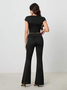 SHEIN Tall Women's Short-Sleeved Top And Bootcut Trousers Two-Piece Set - Black - View 2
