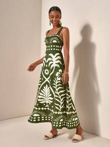 Zivah 女式夏季度假阳光和椰子树印花绿色热带波西米亚风连衣裙 - 綠色 - 查看 5