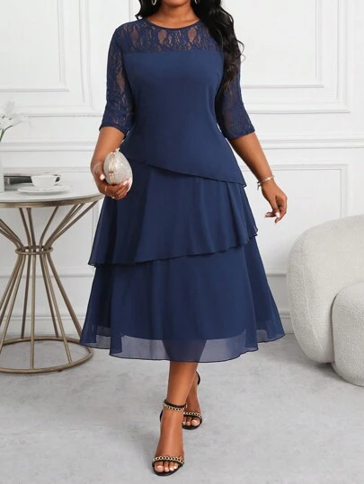 SHEIN Lady Vestido midi profesional para mujer de talla grande, de manga hueca azul, con costura de encaje, volantes y capas, ropa de maestra, vestidos de otoño, vestidos de encaje, para las cuatro estaciones
