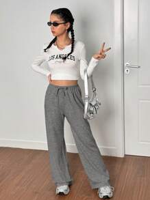 SHEIN Adolescentă, gri, lejer, pantaloni tricotati largi pentru primăvară, vară, toamnă și iarnă, îmbrăcăminte pentru casă