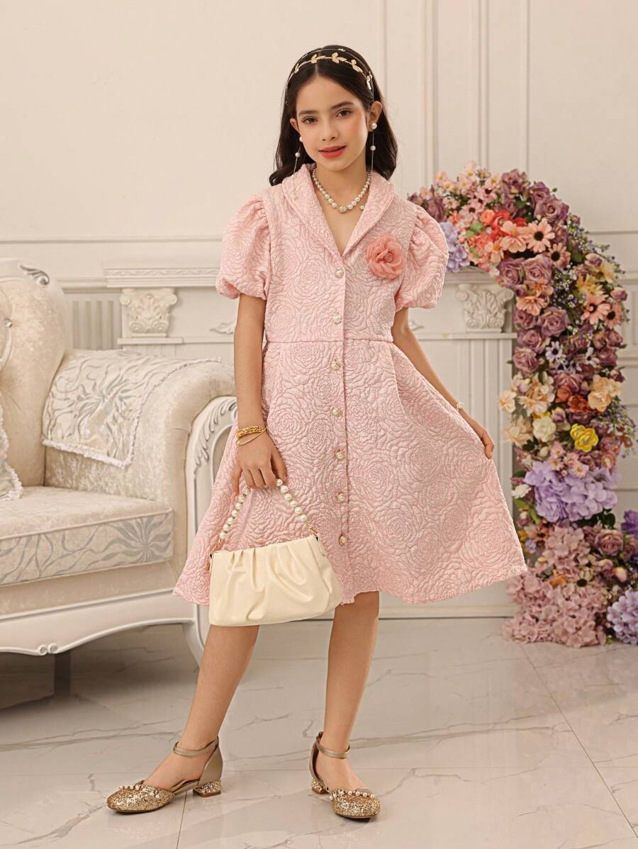 SHEIN Tween Girl And Toddler Girl Casual Stylish Ruffle Wave Hem Houndstooth Print Splice Contrast Color Dress, Suitable For Summer Wear, Can Be Worn As Inner Or Outer Layer, Comfortable Soft Fabric For Casual Occasions, Parties, Holidays, School Etc. - Pink - View 1
