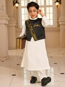 SHEIN 2pcs Young Boy Casual Sleeveless Dress & Long Sleeve Jacket Set, Minimalist Fashion For Daily Wear - White - View 3
