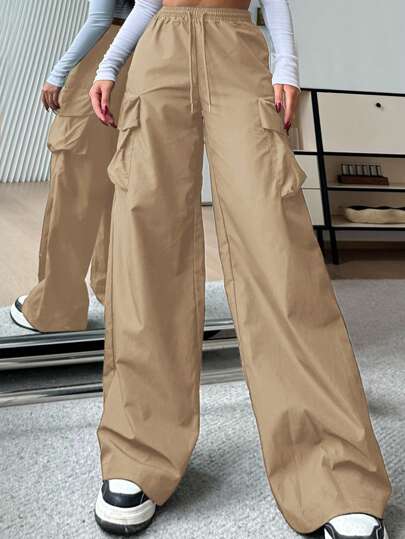 SHEIN EZwear Casual Solid Color High-Waist Wide Leg Woven Women Long Pants