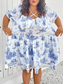 SHEIN CURVE+ 大码女式植物印花蓝白图案交叉系带露背褶皱半身双下摆连衣裙、度假连衣裙、多层连衣裙波西米亚风度假 - 藍白色 - 查看 5