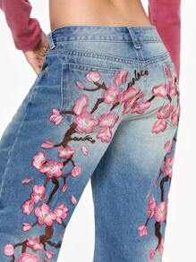 ROMWE Grunge Punk Women's Y2K Streetwear Cherry Blossom Embroidered Low Waist Loose Jeans - Blue - View 4