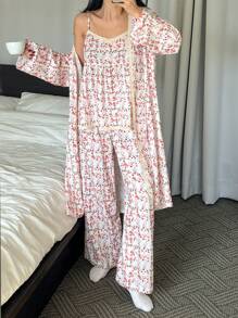 DAZY 3pcs Vacation Ditsy Floral Splice Wrap Robe, Cami Top And Loose Pants Sleepwear Set