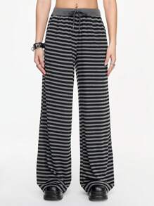 ROMWE Grunge Punk Damen Vintage Lässig Loose Fit Schwarz & Grau gestreifte Hosen