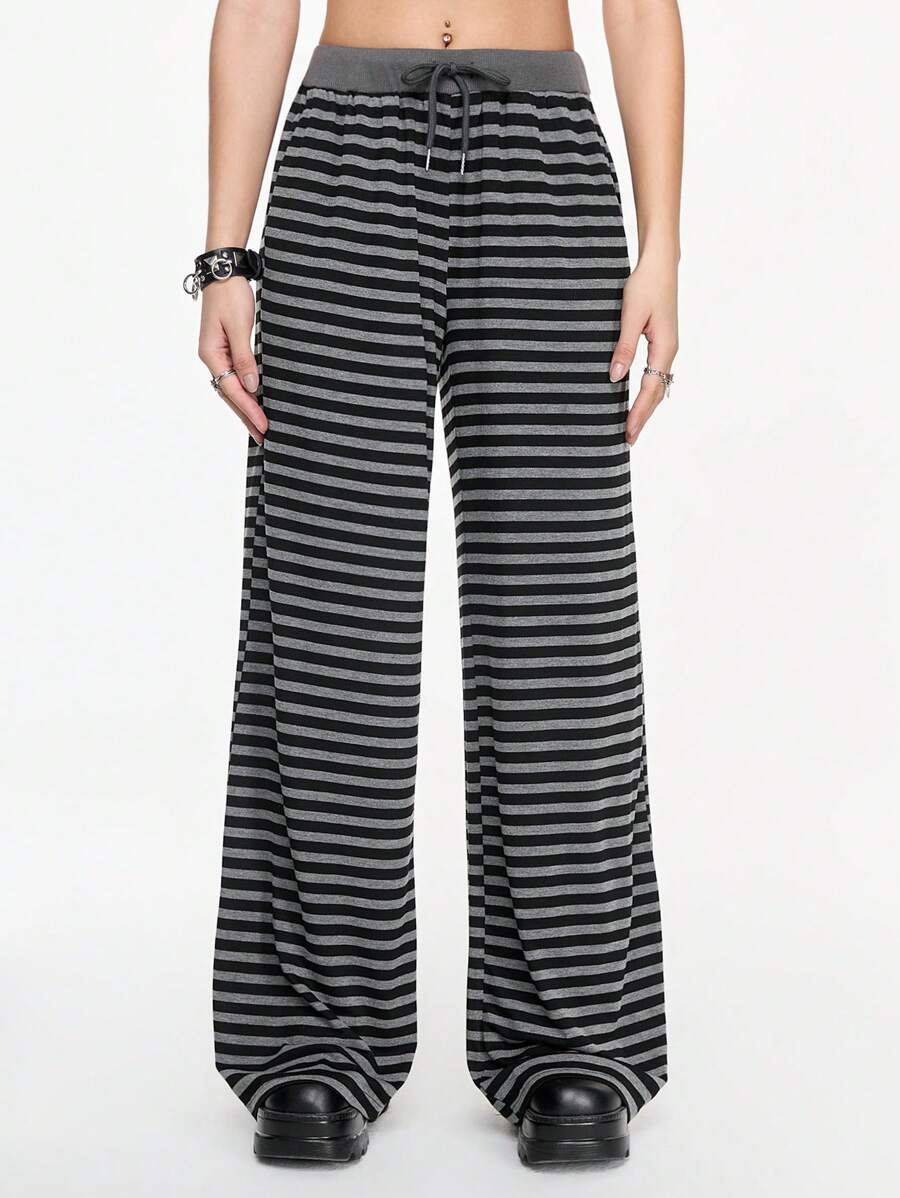 ROMWE Grunge Punk Damen Vintage Lässig Loose Fit Schwarz & Grau gestreifte Hosen