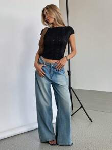 SHEIN Essnce 女士纯色圆领短袖短款上衣，合身 - 黑色 - 查看 3