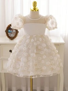 SHEIN Glamorique Kids Young Girl Embroidered 3D Floral Bubble Sleeves Summer Party Dress, Suitable For Daily, Party And Wedding, Showcasing The Noble, Glamorous And Essence Of Little Girls,For Spring Break,Easter - Apricot - View 3