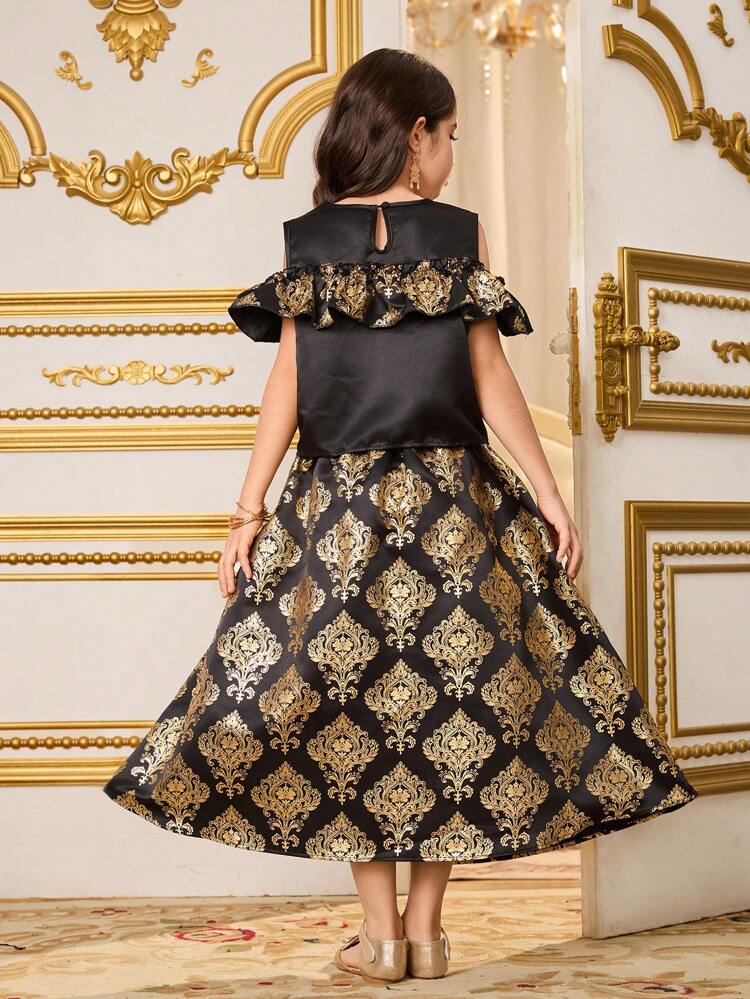 2pcs Tween Girl Elegant Gilded Retro Pattern Top And Skirt Set For Girls