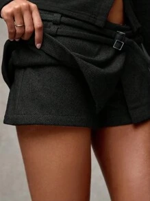 SHEIN BAE Women's Autumn And Winter Warm Brushed Tweed Solid Color Buckle Decorated Short Casual Skirt Autumn Women's Winter Skirt Business Casual Women's Autumn Women's Winter Skirt , Suitable For Back To School Season Street Fashion Sophisticated Style Office/Mini Skirt/Night Out/Party Women Skirts,Holiday Skirts,Thanksgiving Women - Black - View 4