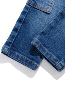 SHEIN 男婴春夏休闲柔软猫须水洗紧身蓝色牛仔工装裤带侧袋，婴儿春夏装春假装街头装 - 深色水洗藍 - 查看 6