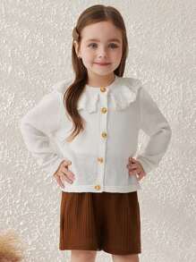 SHEIN Young Girls Elegant Ruffled Collar Knit Cardigan, Spring/Summer - White - View 1