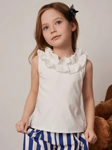 PrepCrw Conjunto de 2 piezas para niñas jóvenes: Camisa blanca con volantes + Pantalones a rayas azules y blancas, primavera/verano - Azul y blanco - Ver 5