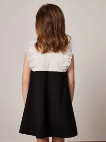 PrepCrw Young Girls' Collegiate Ruffle Trim Contrast Color Woven Dress, Spring/Summer - Black and White - View 2