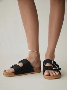 Solecia Sandalias planas negras casuales con hebilla cuadrada de metal, ideales para vacaciones - Negro - Ver 9