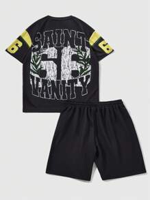 ROMWE MEN Prep 男士休闲字母印花短袖 T 恤和短裤套装