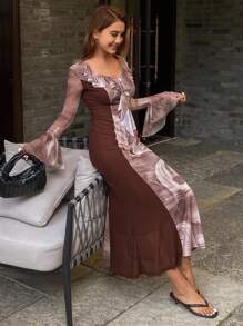 DAZY Floral Patchwork Ruffle Hem Long Fitted Elegant Resort Dress, Boho Style, For Spring & Summer Women,Fall Clothes Long Sleeve Dress - Brown - View 4