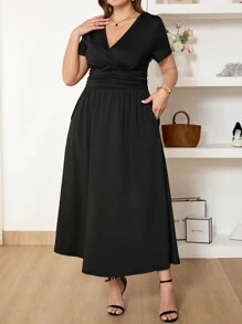 SHEIN Frenchy 大码女式束腰休闲时尚黑色口袋连衣裙 - 黑色 - 查看 8