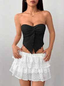 SHEIN PETITE Vacation Ladies Apricot Knitted Textured Tube Top With Twisted Asymmetric Hem Vest - Black - View 4