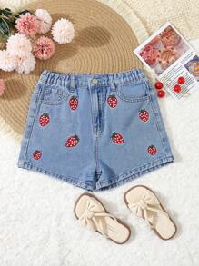 SHEIN Explorewe Tween Girl Embroidered Strawberry Denim Shorts, Summer,Holiday,Summer,Travel - Medium Wash - View 1