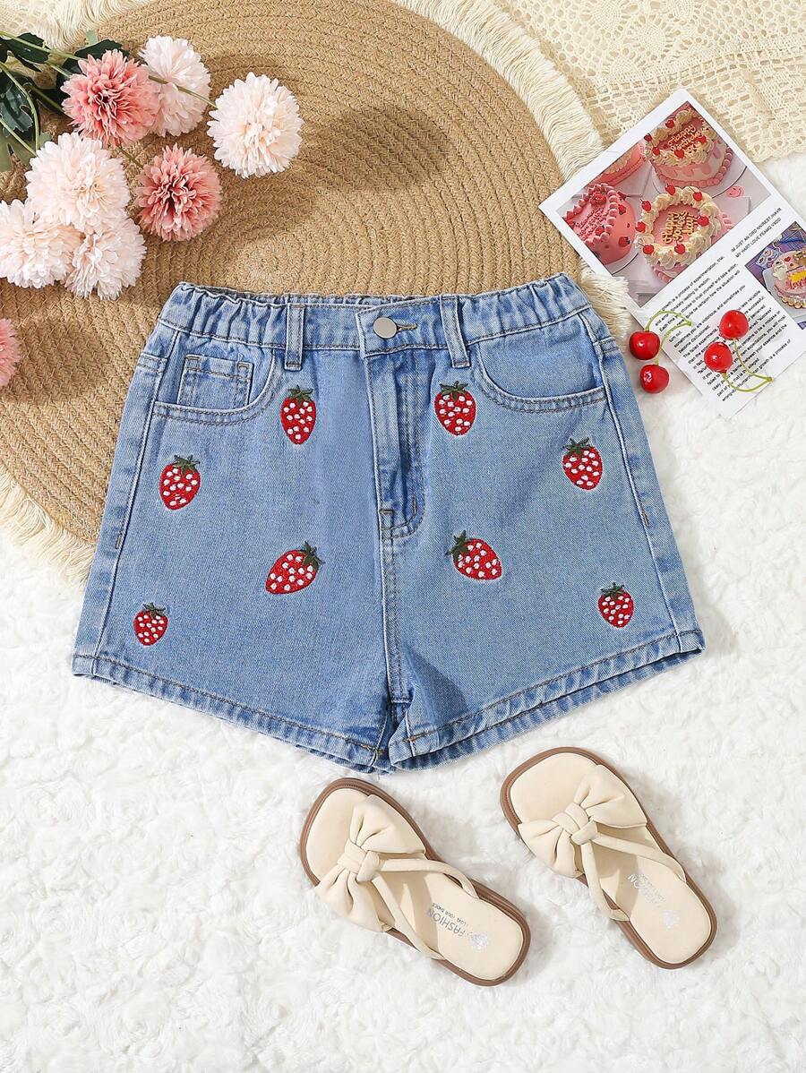 SHEIN Explorewe Tween Girl Embroidered Strawberry Denim Shorts, Summer,Holiday,Summer,Travel - Medium Wash - View 1