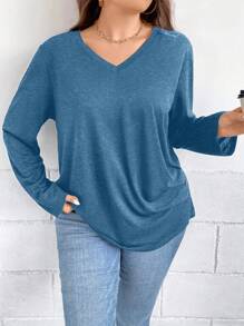 SHEIN LUNE 大码女式纯色 V 领长袖褶皱休闲 T 恤