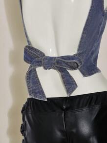 SHEIN ICON 女士无袖性感露背系带 Y2K 蝴蝶结牛仔短款上衣 - 彩色 - 查看 15