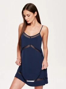 LUVLETTE Dark Blue Sexy Soft Breathable Mesh V-Neck Breathable Mesh Detail Camisole Nightdress Lingerie As Outerwear Airy Slip Dress Babydoll& Pyjamadressing - Navy Blue - View 6