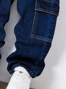 SHEIN X JIMENA & MATEO Jeansy cargo dla chłopców, luźne, kontrastowe, z prostymi nogawkami, uniwersalne