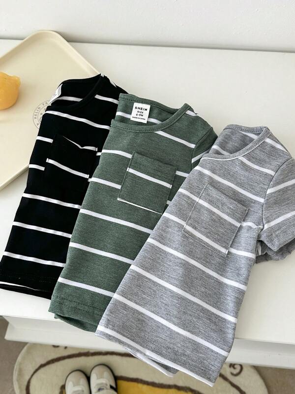 SHEIN 3pcs Unisex Baby/Baby Boy Striped Top Set, Black, Gray & Olive Green - All-Match Colors Suitable For All Occasions In Summer Baby Boy Clothes Baby Boys Tops Toddler Clothes For Boys Boys Clothes Toddler Toddler Boy Clothes Baby Boys Tops