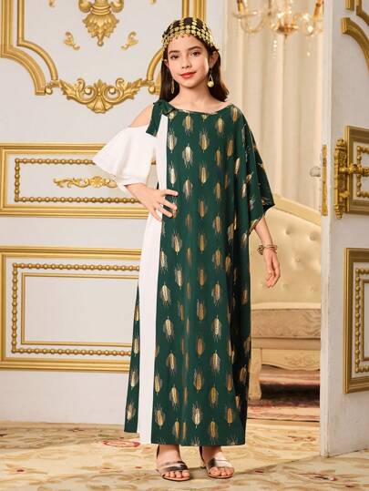 SHEIN Vestido verde metálico para niñas preadolescentes, elegante y glamoroso, apropiado para fiestas, reuniones y el Ramadán