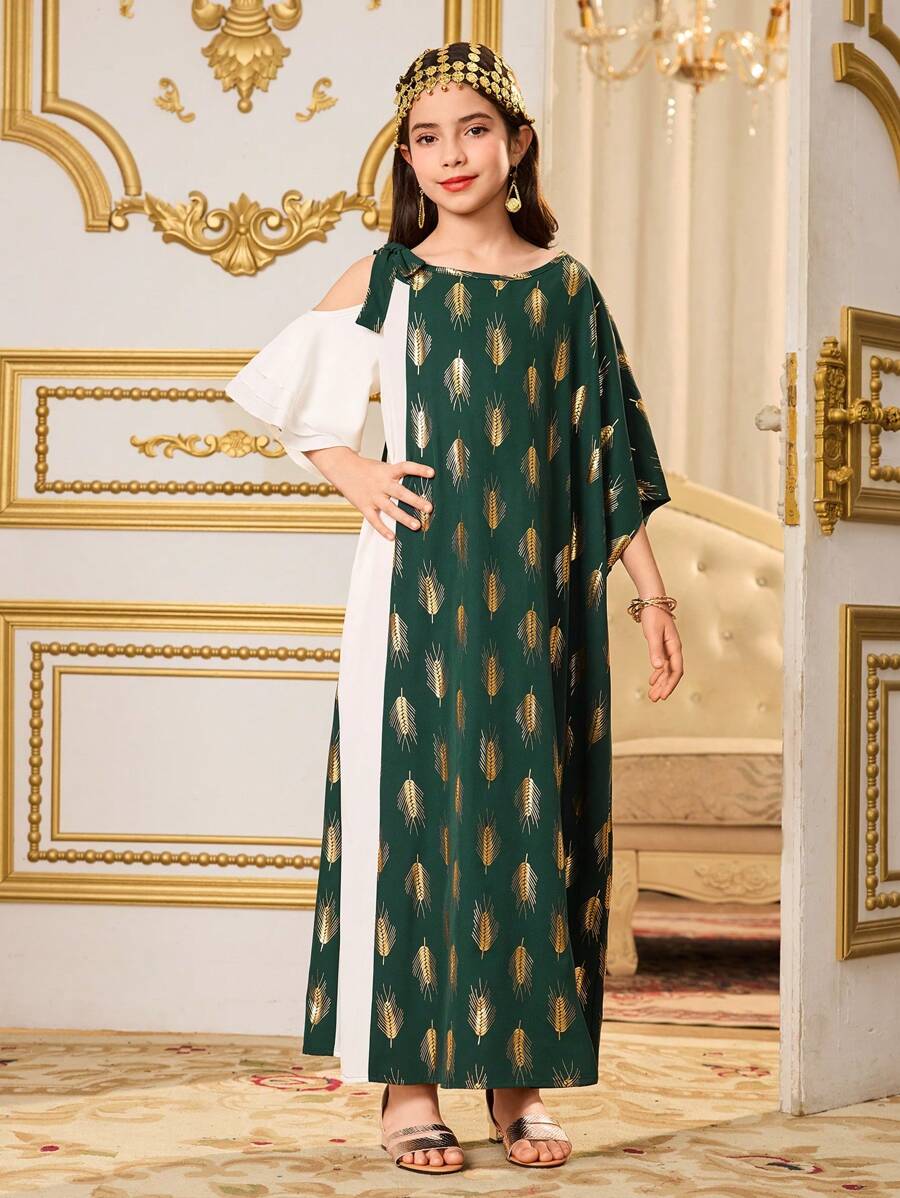 Tween Girls Metallic Green Dress, Elegant & Glamorous Suitable For Parties, Gatherings, And Ramadan - Pink - View 1
