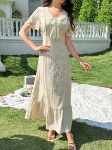 Modelyn Women Elegant Solid Color Lace Splice Bow Decor Long Dress - White - View 3