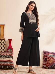 SHEIN Maternity Patchwork Strap 3/4 Sleeve V-Neck Top And Wide Leg Pants 2 Pieces Loose Set - Black - View 4
