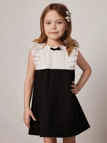 PrepCrw Young Girls' Collegiate Ruffle Trim Contrast Color Woven Dress, Spring/Summer - Black and White - View 1