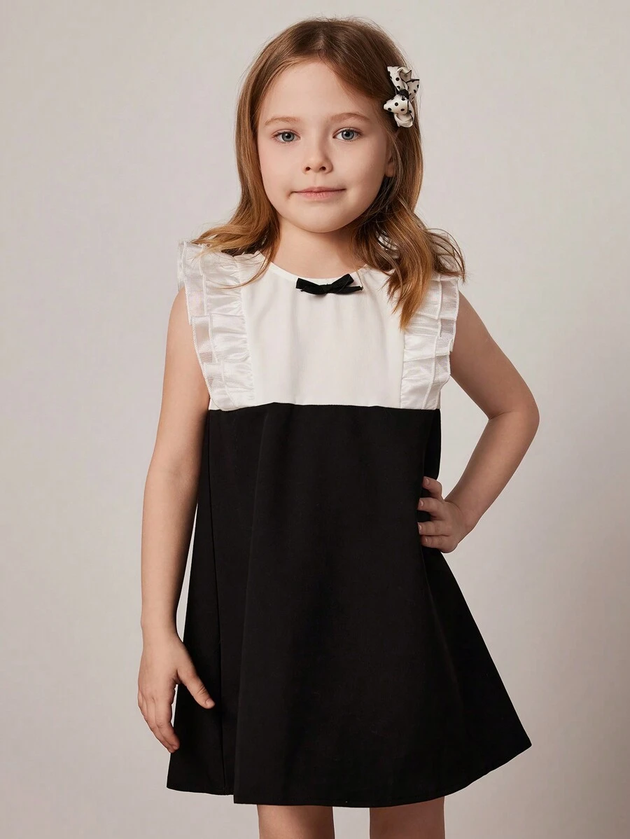 PrepCrw Young Girls' Collegiate Ruffle Trim Contrast Color Woven Dress, Spring/Summer - Black and White - View 1