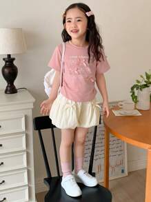 Dazy Kids 两件套蝴蝶结装饰短袖短裤套装，适合小女孩、女孩夏季服装