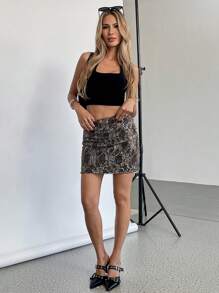 SHEIN Essnce Rave Outfits Festival Leopard Summer Skirts Women Leopard Print Frill Hem Mini Skirt - Black - View 4