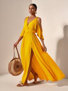 Zivah Beach/Boho/ Women Sexy Rave/Easter Outfit Women/Old Money Style Women/Country Concert Outfit/Going Out Outfits/Fairycore/Festival High Slit Dress - Yellow - View 1