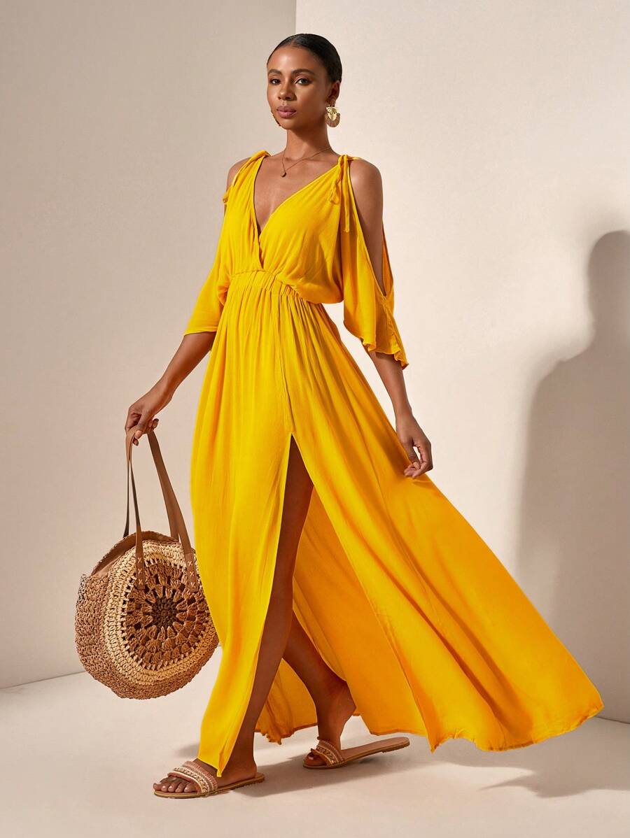 Zivah Beach/Boho/ Women Sexy Rave/Easter Outfit Women/Old Money Style Women/Country Concert Outfit/Going Out Outfits/Fairycore/Festival High Slit Dress - Yellow - View 1