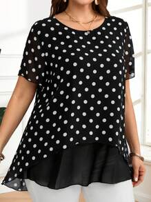 EMERY ROSE Große Größen Damen Polka Punkt Muster Rundhals Locker Kurzarm Bluse Sommer Kleidung Elegante Polka Punkt Arbeitskleidung für Damen
