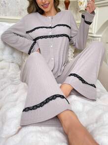Women Lace Splice Open Front Pajama Set - Light Grey - View 1