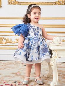 SHEIN Babygirl 花卉荷叶边下摆优雅连衣裙，夏季 - 藍色 - 查看 3