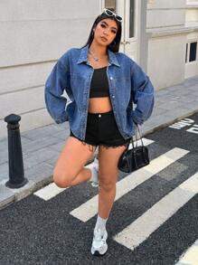 SHEIN ICON 大码休闲牛仔衬衫，日常穿着 - 淺色水洗藍 - 查看 3